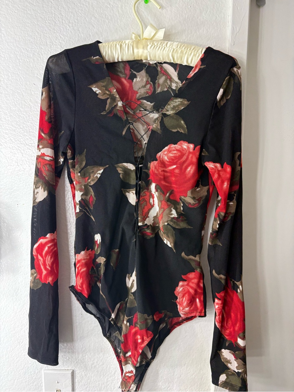 Floral Lace-Up Black & Red Long Sleeve Bodysuit